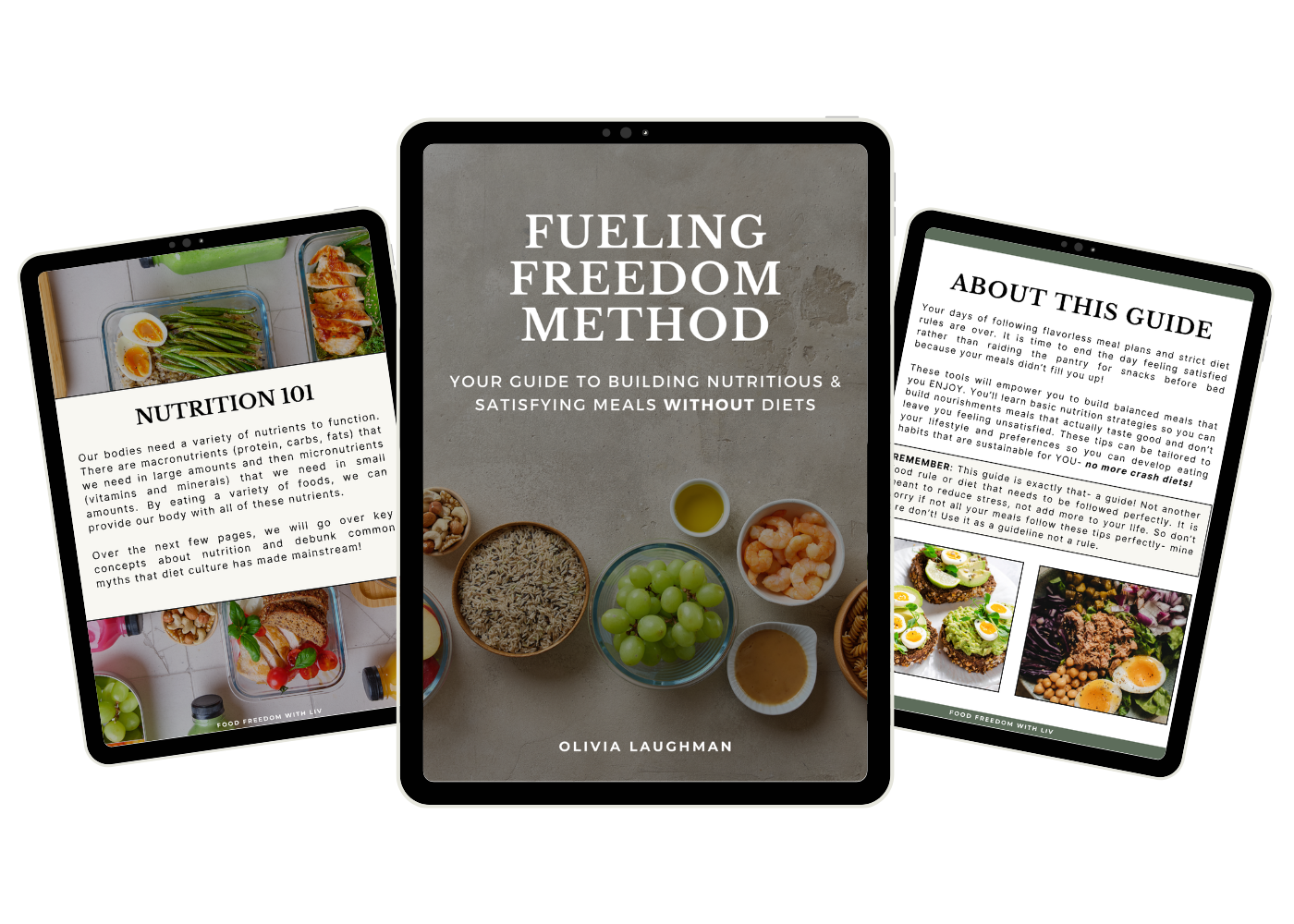 fueling-freedom-method-mockups A display of 3 imagines from the Fueling Freedom Method - a free guide book offered by Food Freedom with Liv